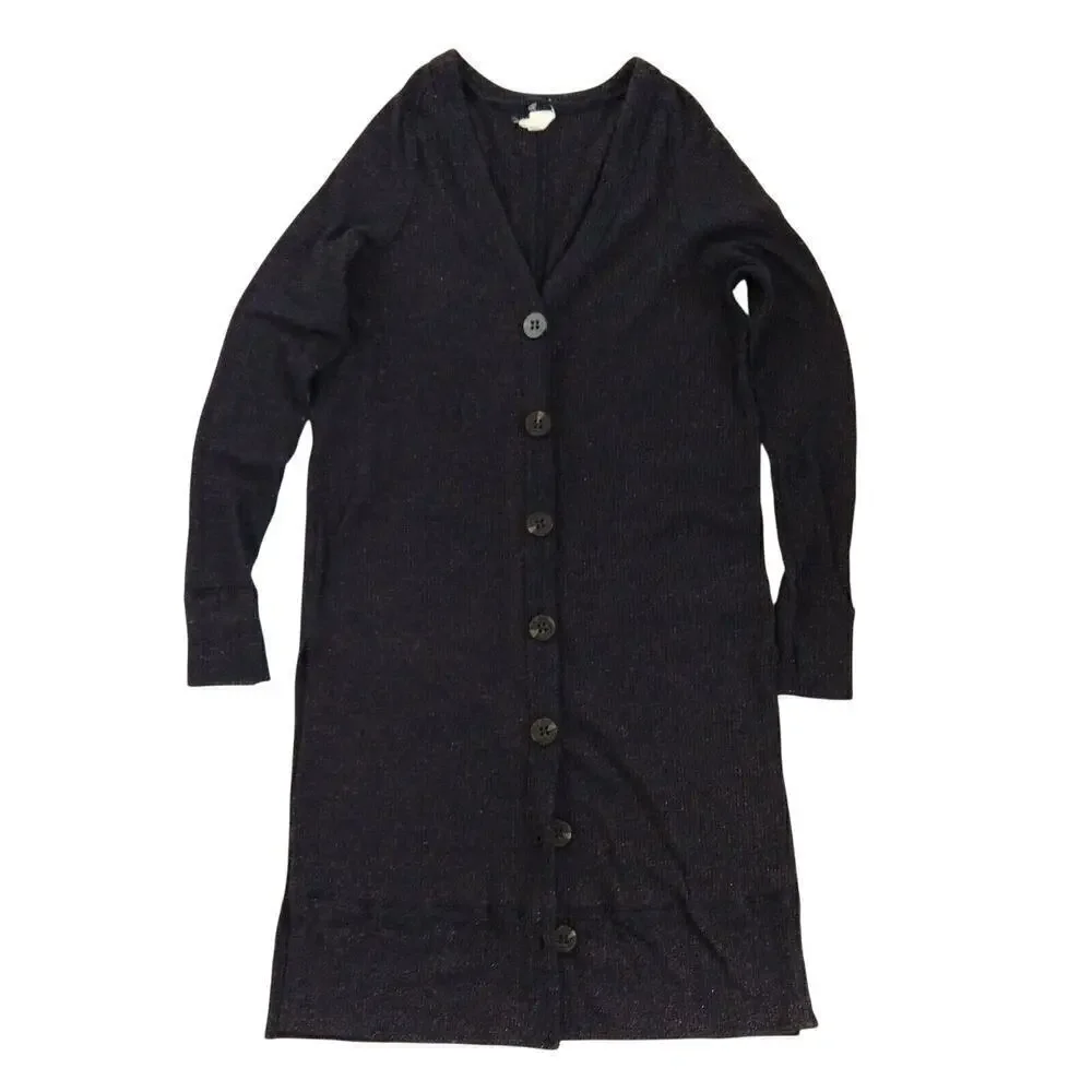 We the Free People Sparkle Button Up Duster Cardigan Size S Navy Blue Ribbed